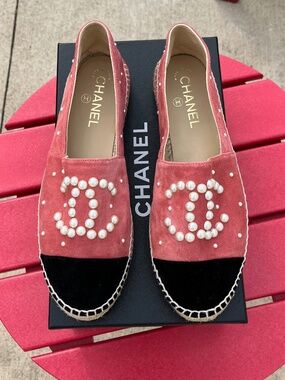 Chanel Pink & Black Suede Espadrilles w/ Pearl CC- Authentic NIB